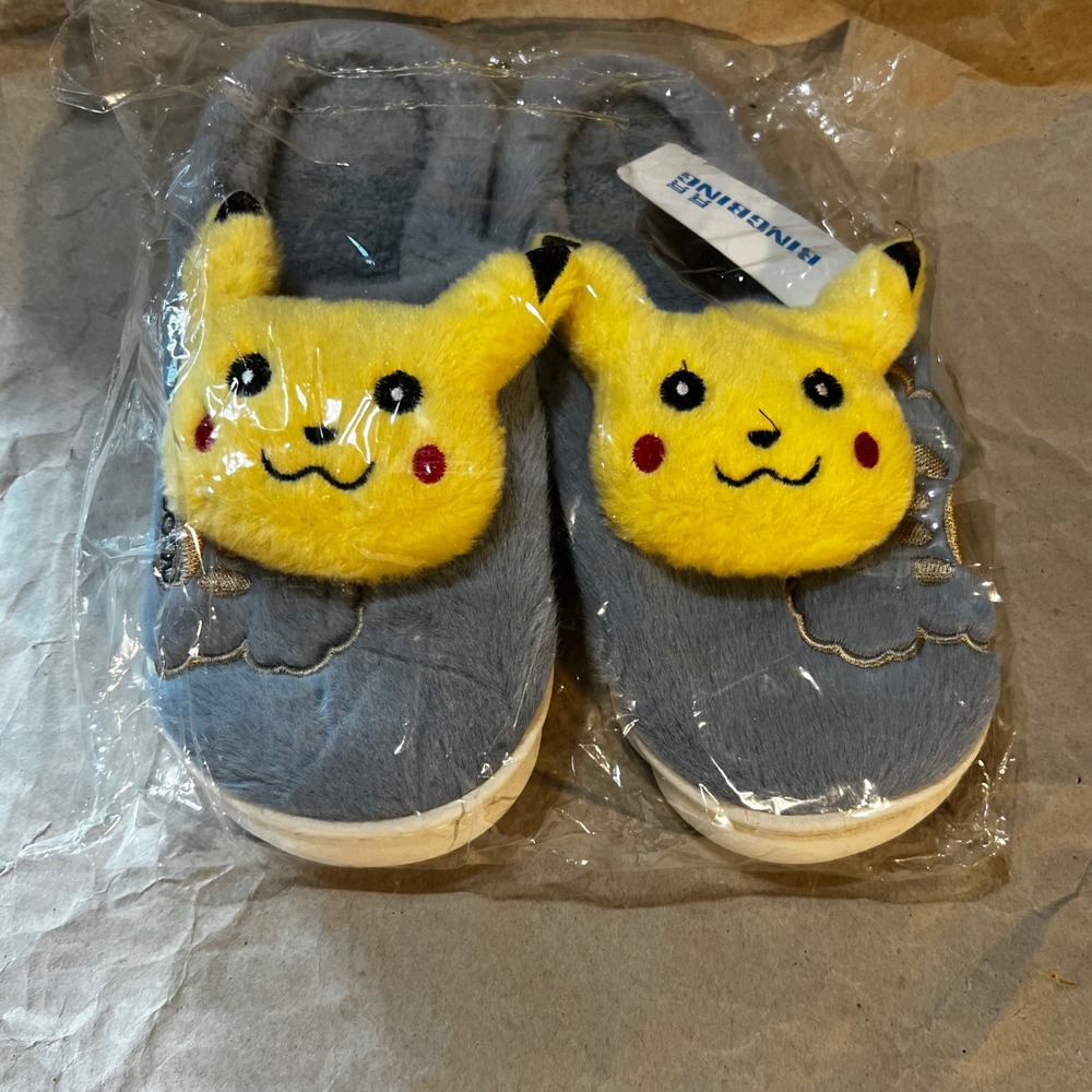 BingBing Size 42-43 Pikachu Plush Slippers Grey Yellow Anime Faux Fur House Shoe